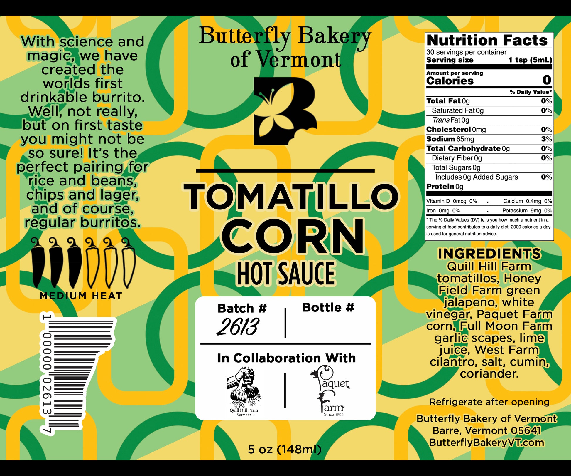 Label of Tomatillo Corn Hot Sauce from Butterfly Bakery of Vermont with text and graphics.