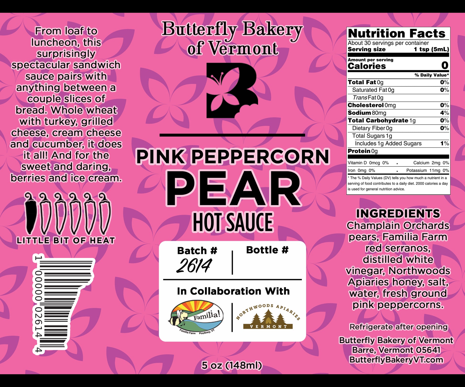 Pink label for Butterfly Bakery of Vermont Pink Peppercorn Pear Hot Sauce with text and branding.