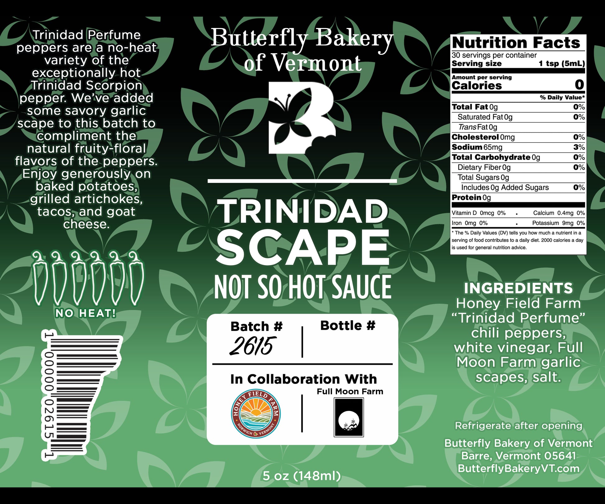 Butterfly Bakery of Vermont Trinidad Scape Not So Hot Sauce label with green butterfly pattern