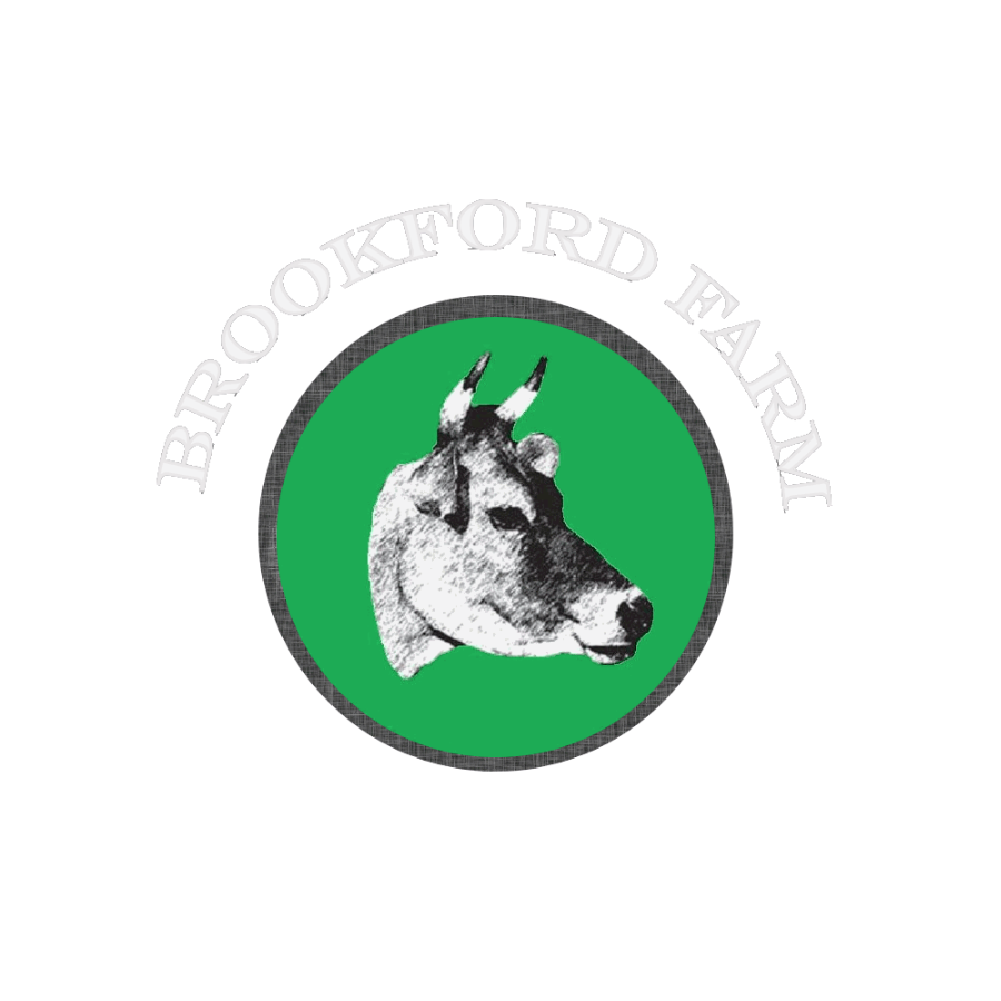 Logo of Brookford Farm with a cow illustration on a green circle