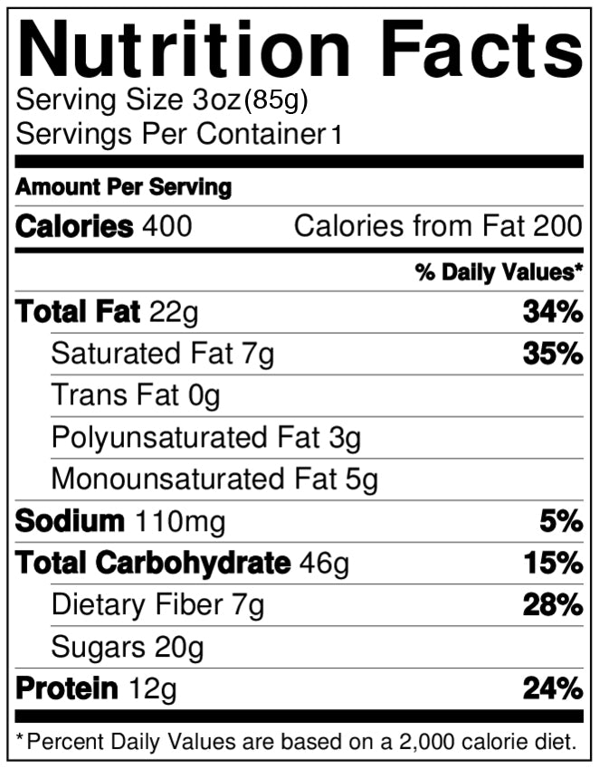 Nutrition facts label for a food product with detailed calorie and nutrient information.