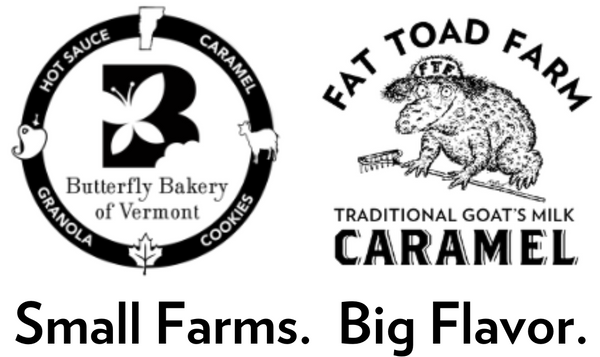 Logos of Butterfly Bakery of Vermont and Fat Toad Farm on a white background