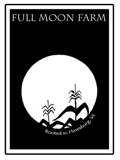 Logo with a full moon, corn stalks, and mountains with text 'Full Moon Farm' and 'Rooted in Hinesburg, VT'.