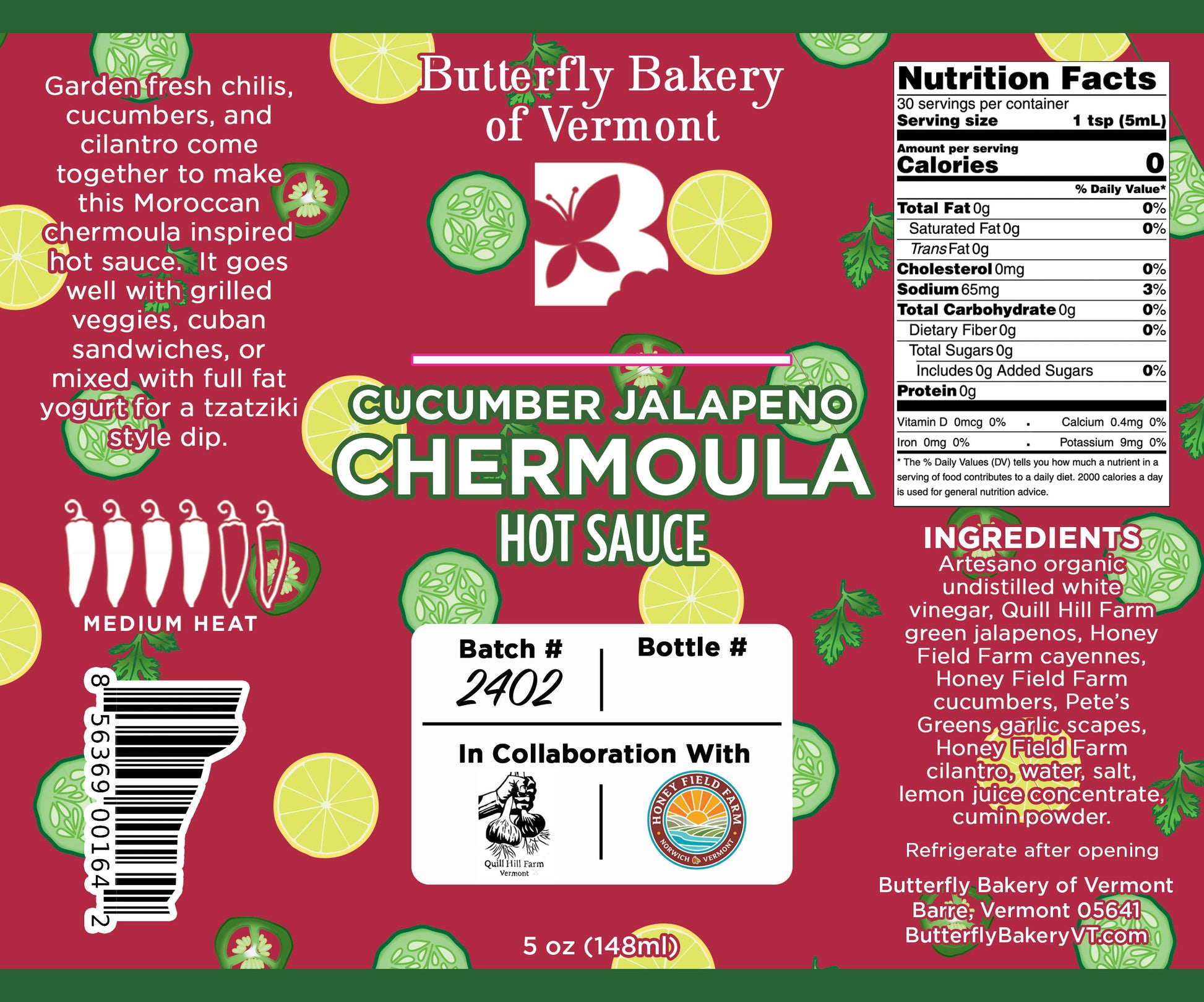 Cucumber Jalapeno Chermoula Hot Sauce - Butterfly Bakery of Vermont