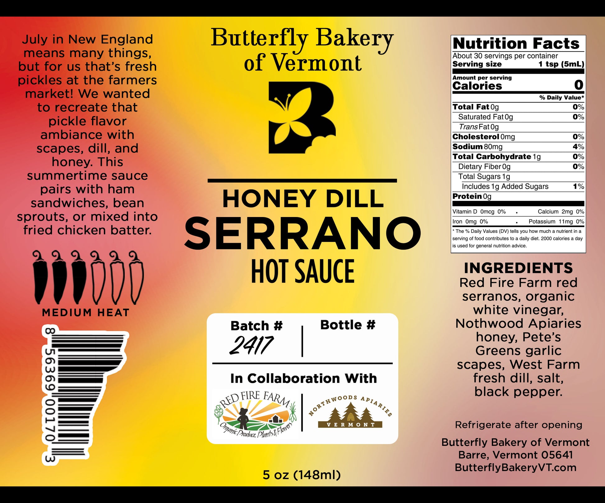 Honey Dill Serrano Hot Sauce - Butterfly Bakery of Vermont