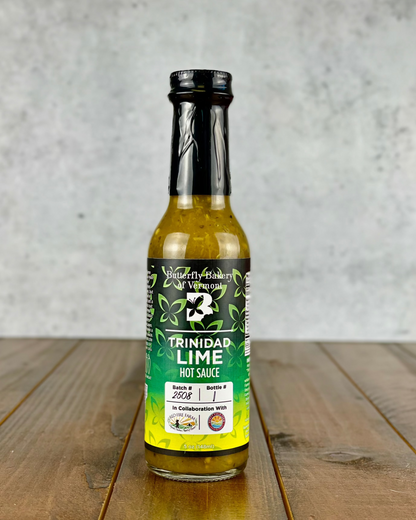 Bottle of Trinidad Lime hot sauce from Butterfly Bakery of Vermont