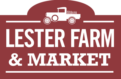 Logo of Lester Farm & Market with a vintage truck on a red background.