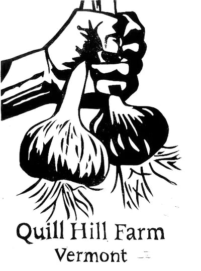 Black and white logo of Quill Hill Farm, Vermont, featuring a hand holding garlic.