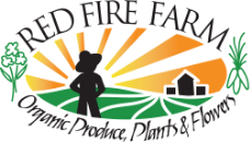Logo of Red Fire Farm with silhouettes of a person, barn, and fields.