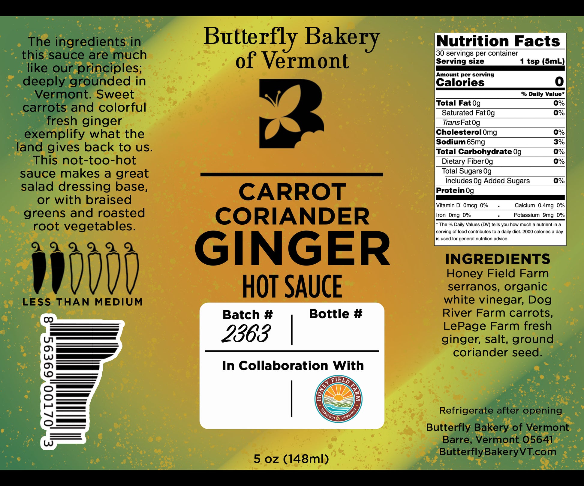 Carrot Coriander Ginger Hot Sauce - Butterfly Bakery of Vermont