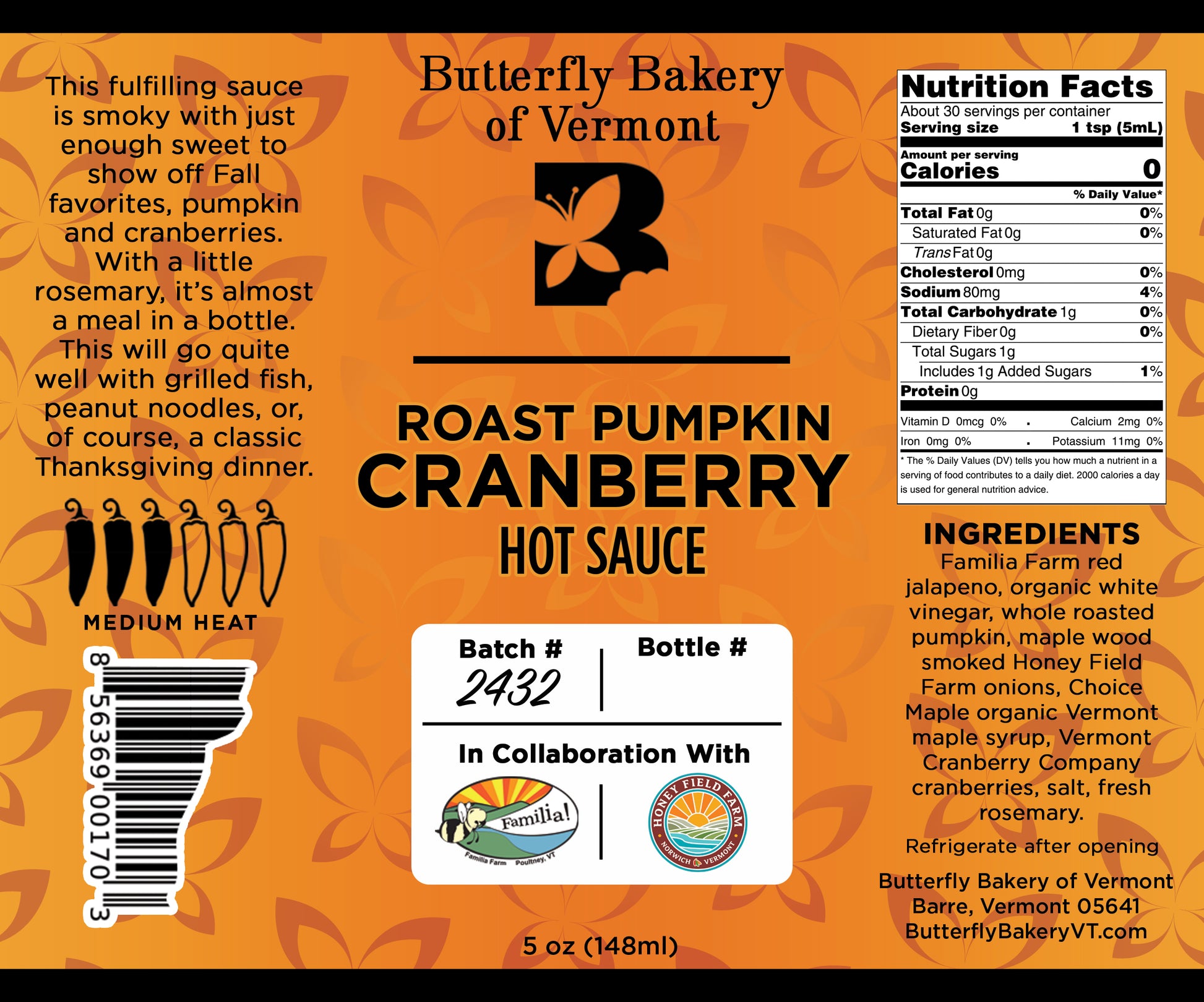 Roast Pumpkin Cranberry Hot Sauce - Butterfly Bakery of Vermont