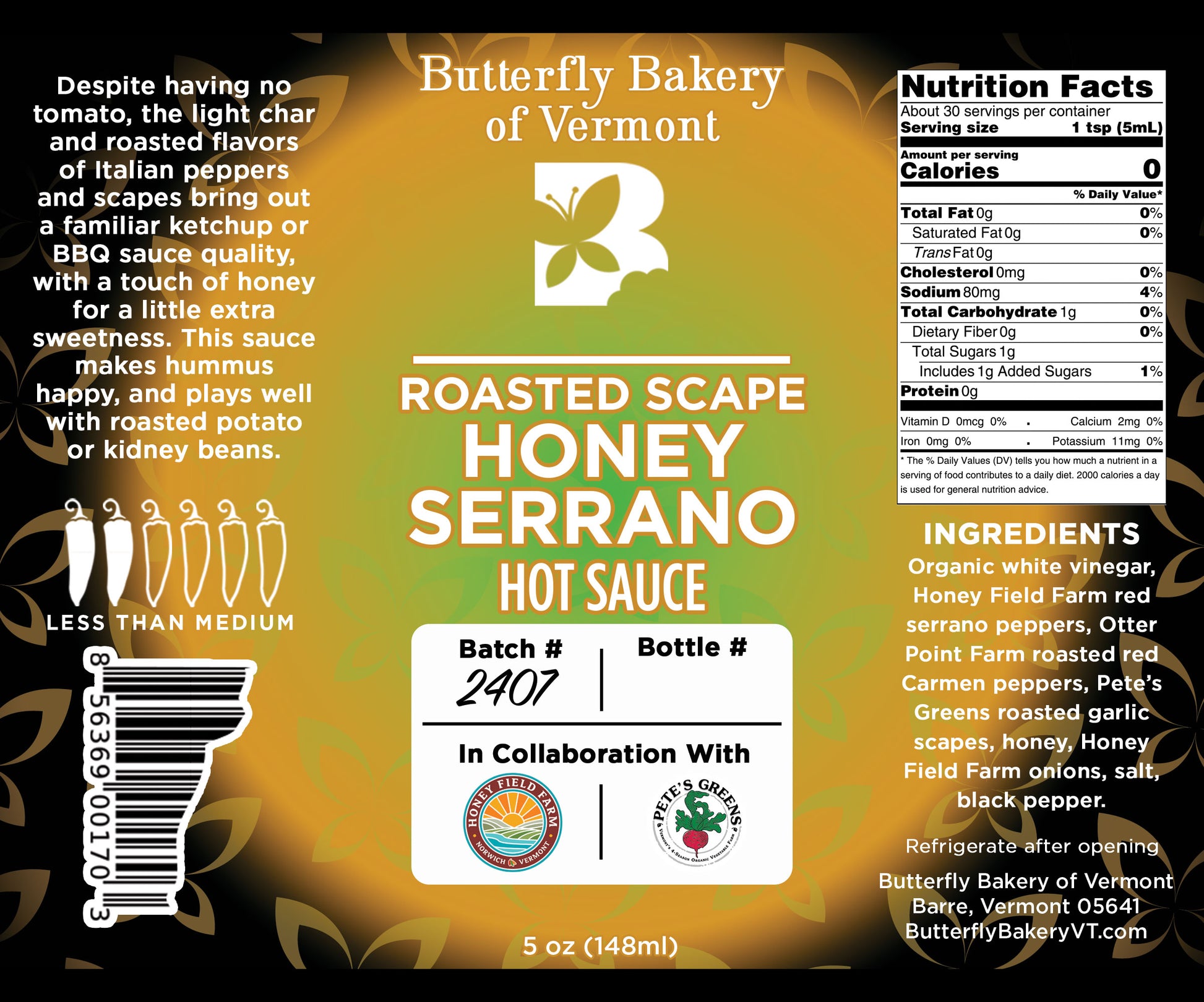 Roasted Scape Honey Serrano Hot Sauce - Butterfly Bakery of Vermont