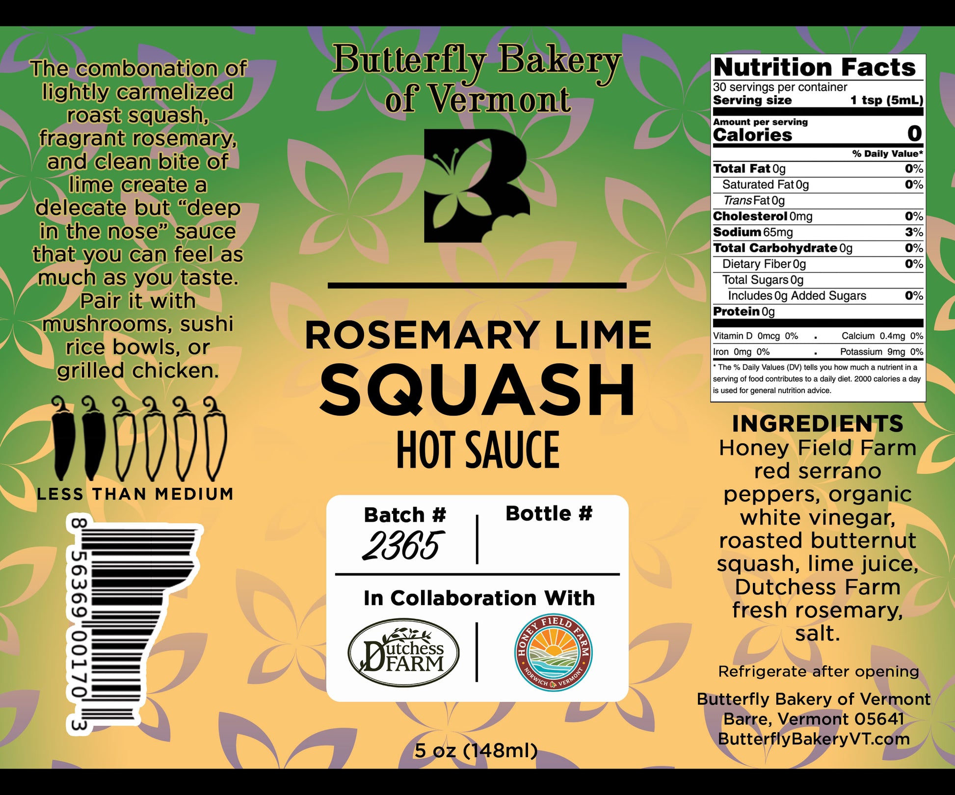 Rosemary Lime Squash Hot Sauce - Butterfly Bakery of Vermont