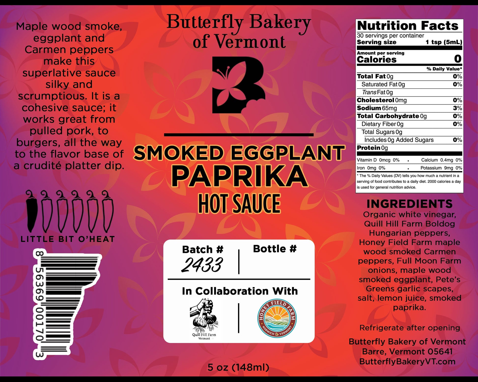 Smoked Eggplant Paprika Hot Sauce - Butterfly Bakery of Vermont