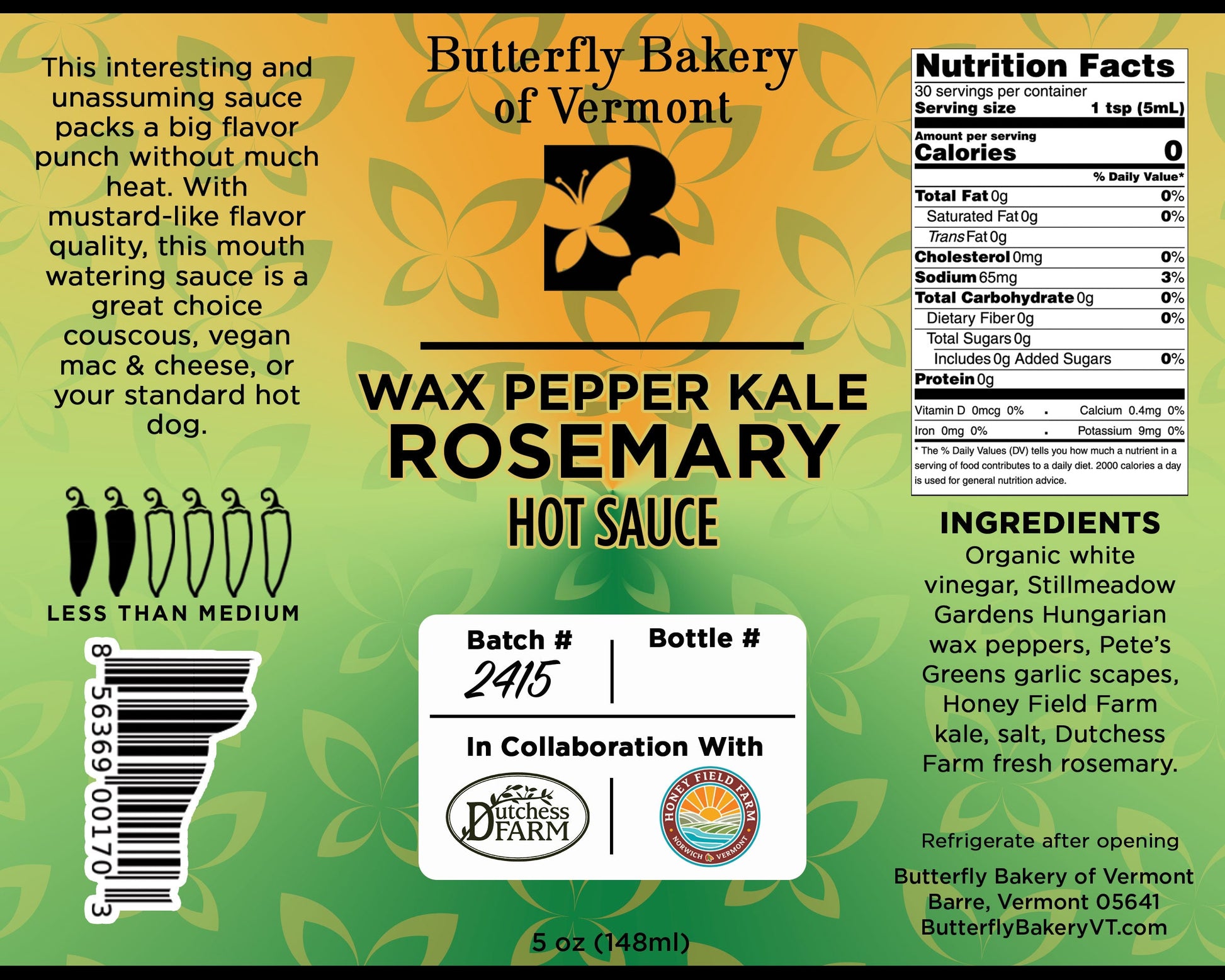 Wax Pepper Kale Rosemary Hot Sauce - Butterfly Bakery of Vermont