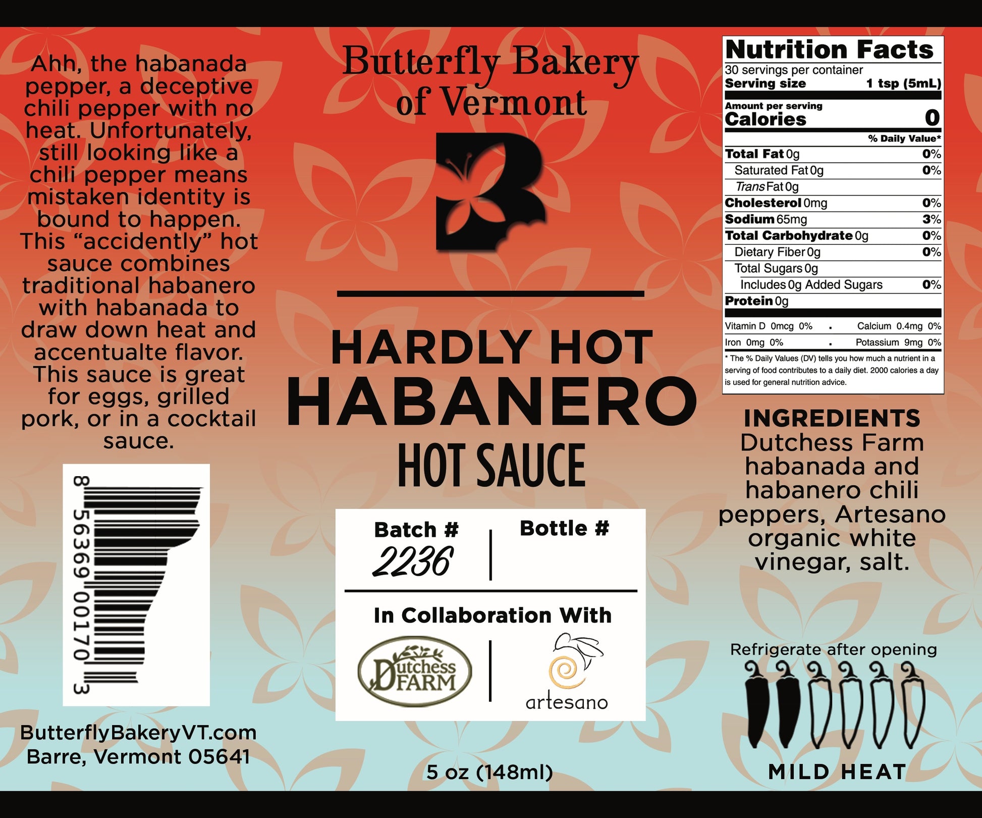Hardly Hot Habanero Hot Sauce - Butterfly Bakery of Vermont
